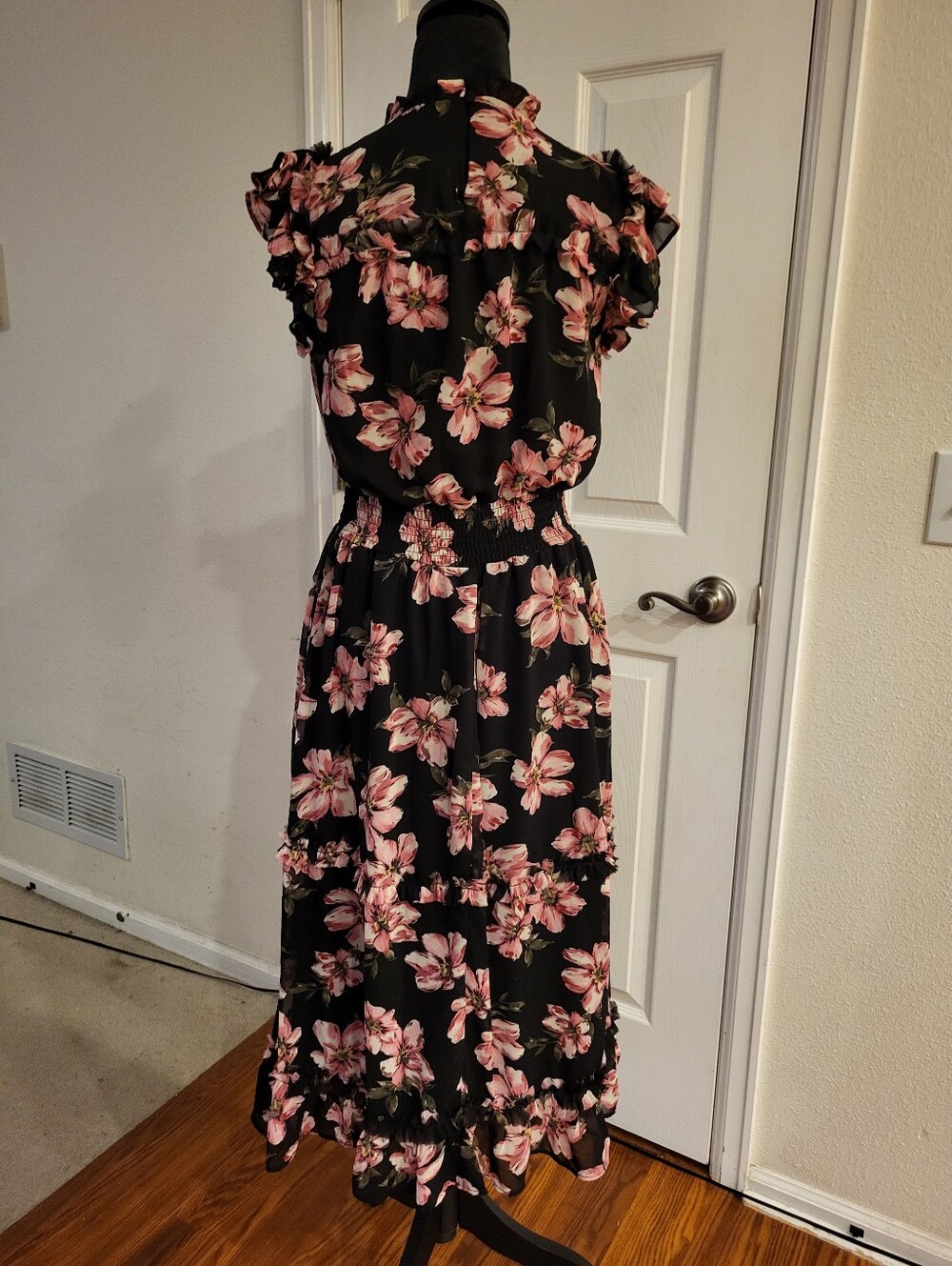 CeCe Black Midi Dress with Pink Floral Print - Picture 3 of 5